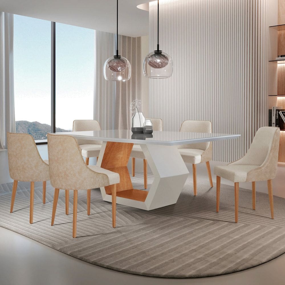 Conjunto para Sala de Jantar Mesa Sarah em Madeira Tampo 180cm com Vidro e 6 Cadeiras Roma Milano/ Off White / Cinamomo Imbuia