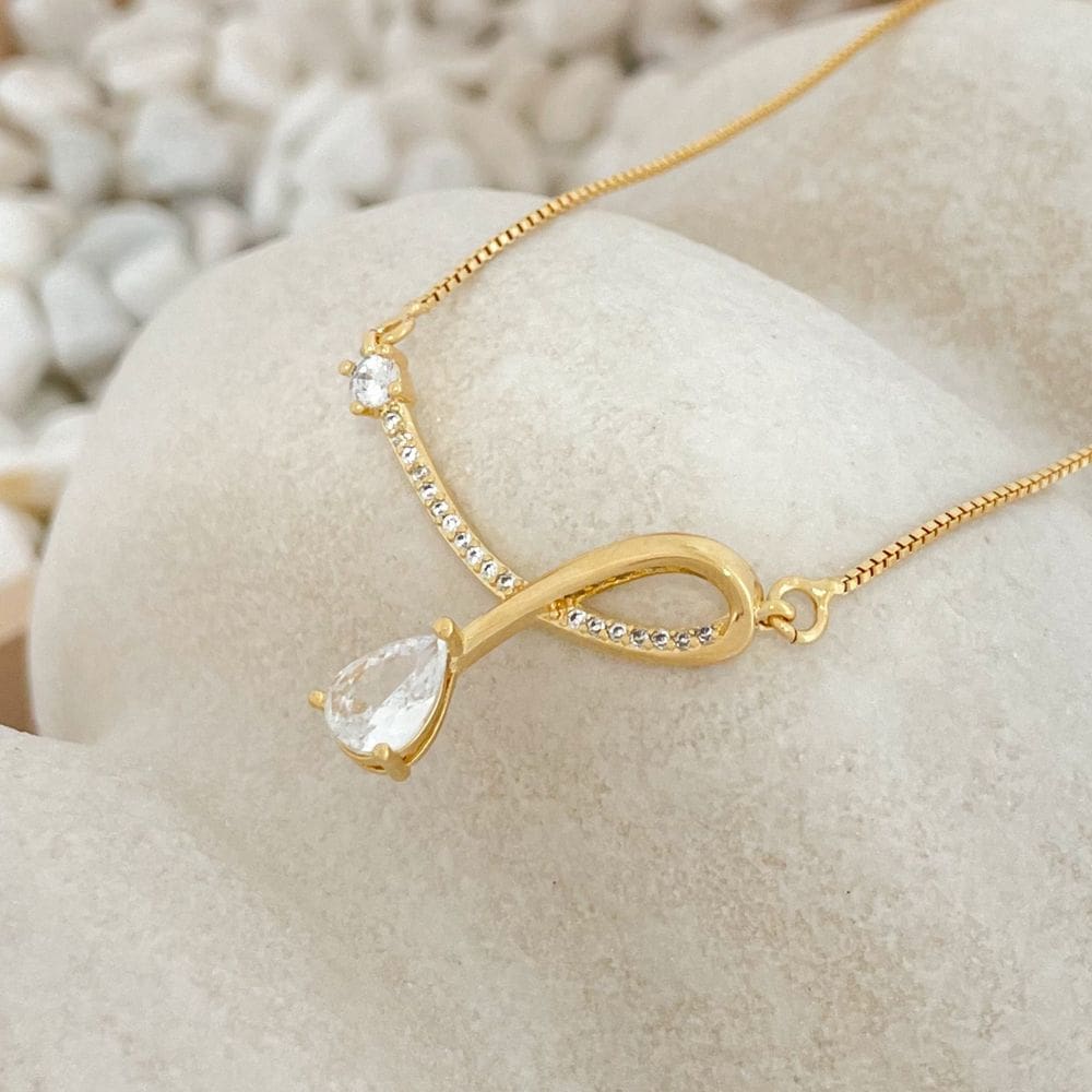 Colar Festa Gota em Laço Zircônias Cristais Banhado a Ouro