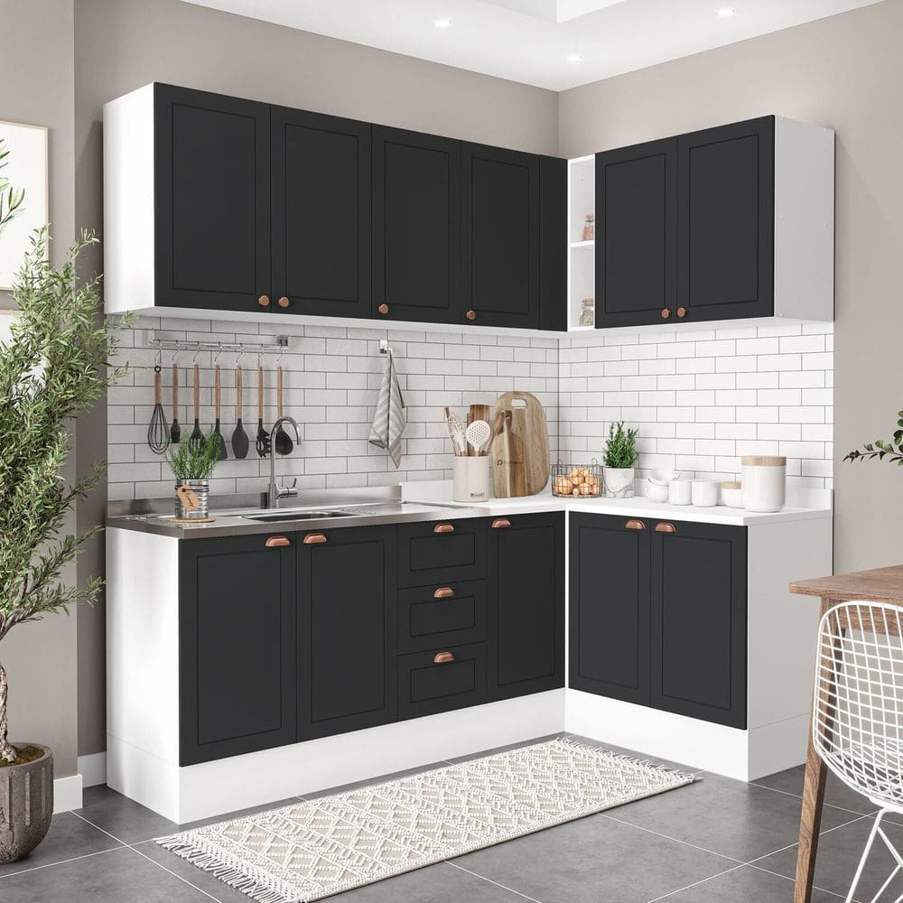 Cozinha 6 Peças com Rodapé Pérola Yescasa Preto/Branco