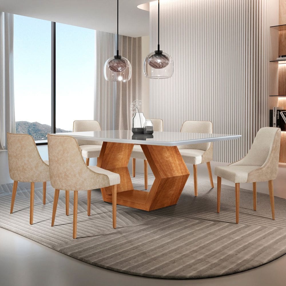 Conjunto para Sala de Jantar Mesa Sarah em Madeira Tampo 180cm com Vidro e 6 Cadeiras Roma Off White/ Milano/ Cinamomo Imbuia