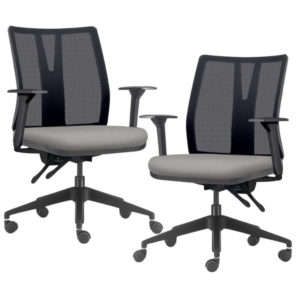 Kit 2 Cadeiras de Escritório Giratória Diretor Flow F02 Base Preta Crepe Cinza - Lyam Decor