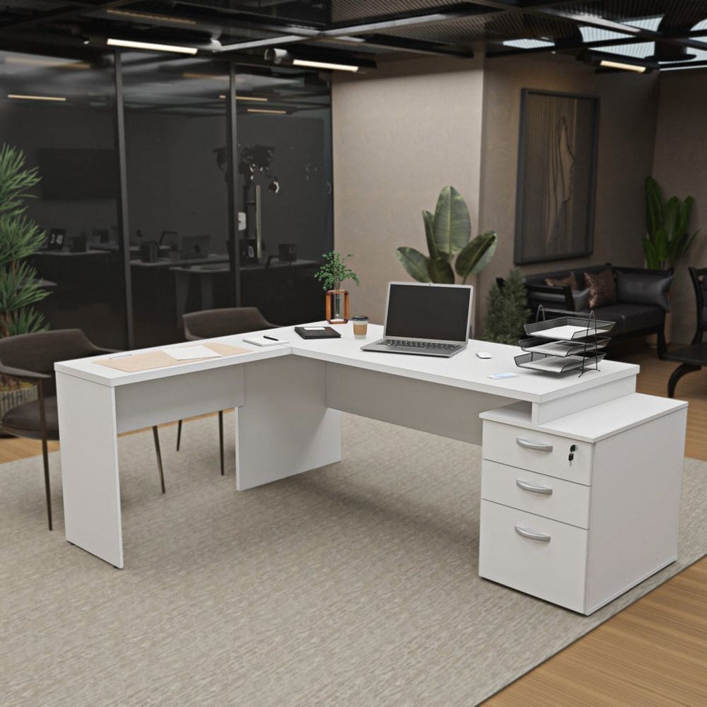 Escrivaninha para Escritório Pedestal em L 3 Gavetas Office Branco