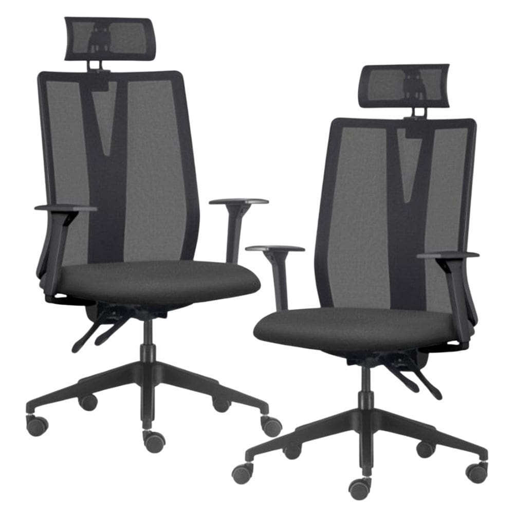 Kit 2 Cadeiras Escritório Giratória Presidente Flow F02 Base Preta Sintético Preto - Lyam Decor