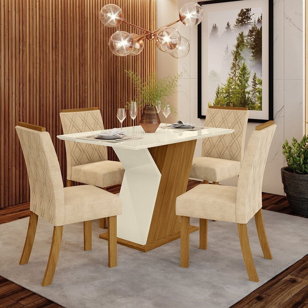 Conjunto Sala de Jantar Canto Reto 120cm 4 Cadeiras Évelin Espresso Móveis Marrom/Off White