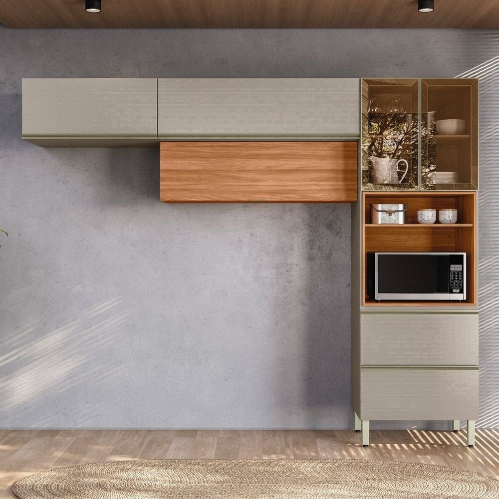 Cozinha Completa 270 Aéreo Mdf Pnl 3 Peças Proença Nogueira/Nude Prime