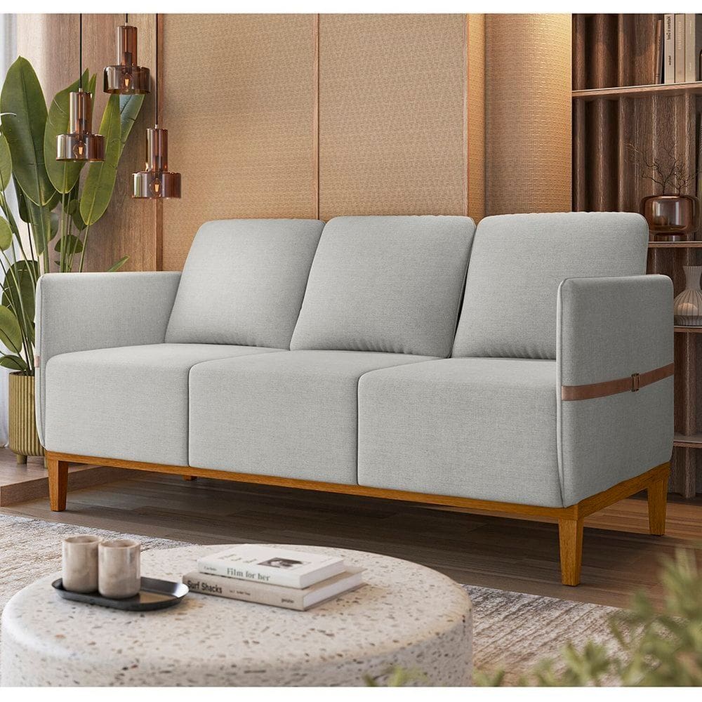 Sofá 3 Lugares com Pés em Madeira Maciça 187cm Estelí Espresso Móveis Cinza Claro/Caramelo