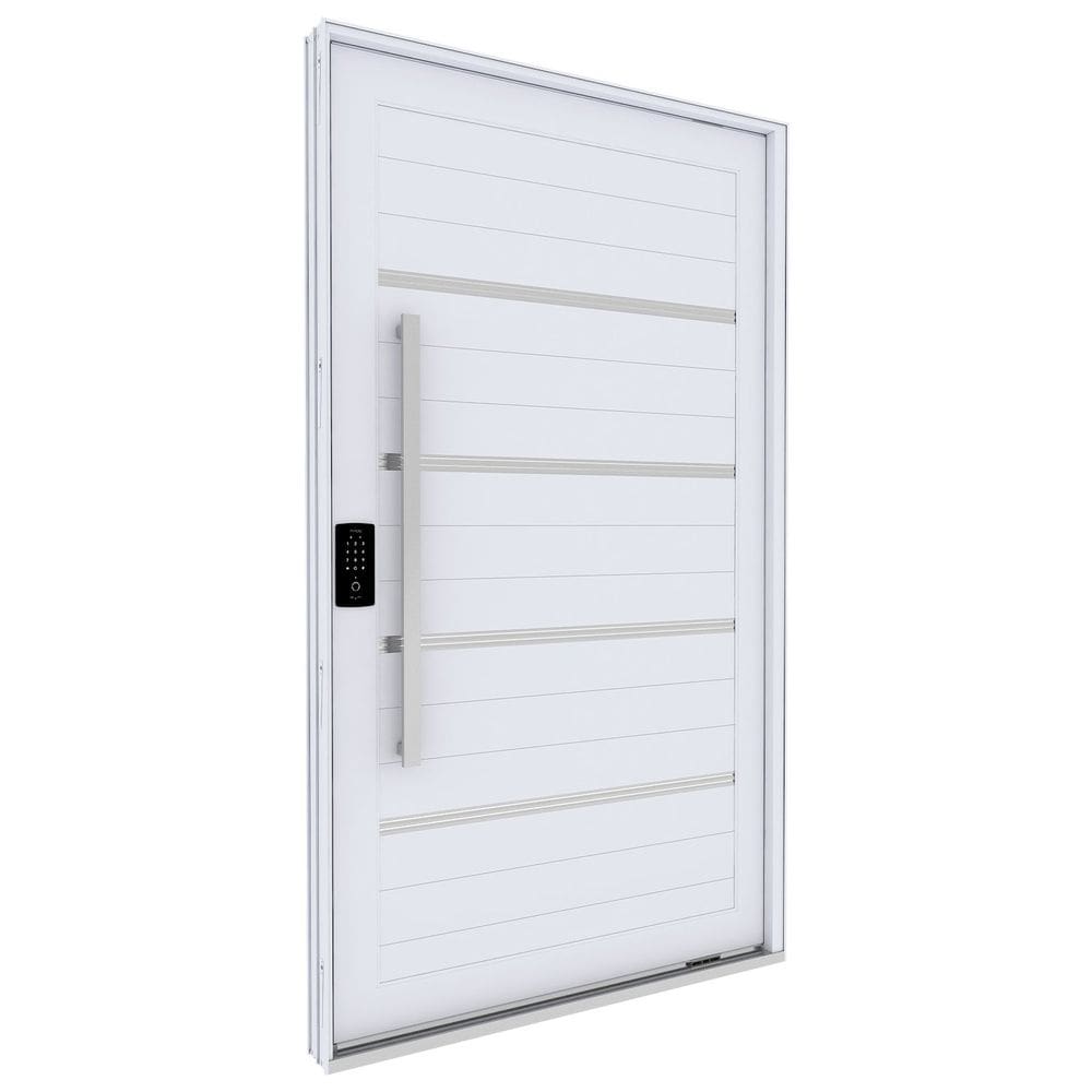 Porta de Alumínio Pivotante com Friso Puxador Fechadura Digital 225cm X 130cm Lucasa Eccellente Branco