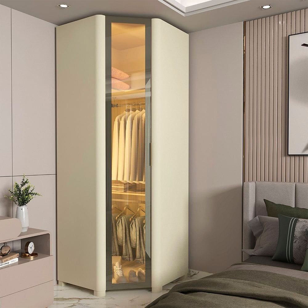 Guarda-roupa Canto 1 Porta Reflecta com Pés e Led 100% Mdf Innova Off White