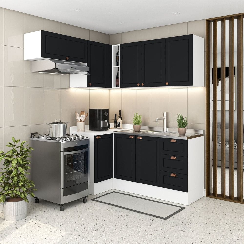 Cozinha 5 Peças com Rodapé Pérola Yescasa Preto/Branco