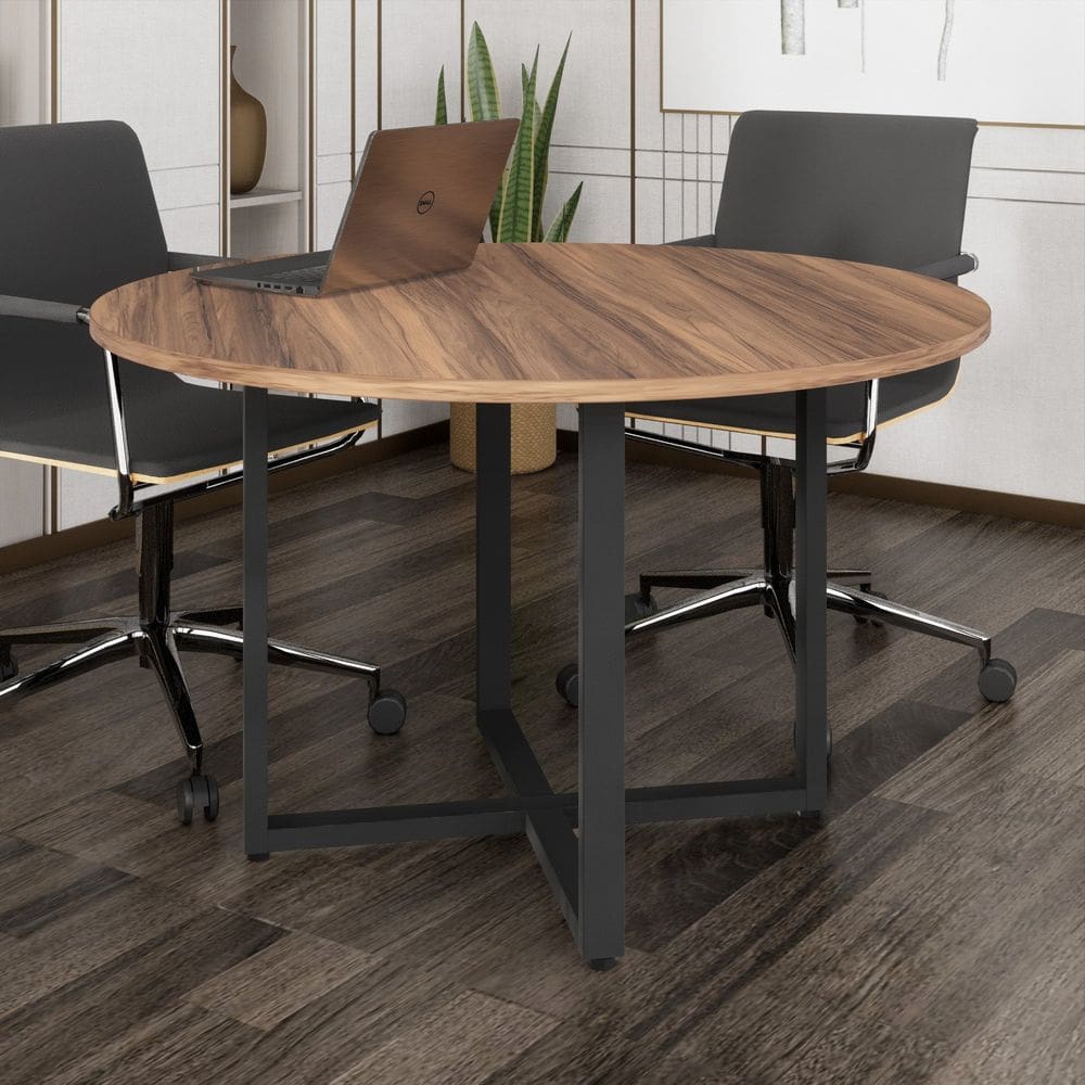 Mesa de Reunião Circular Pé Metálico D1200 Expresso Móveis Nogal/Preto