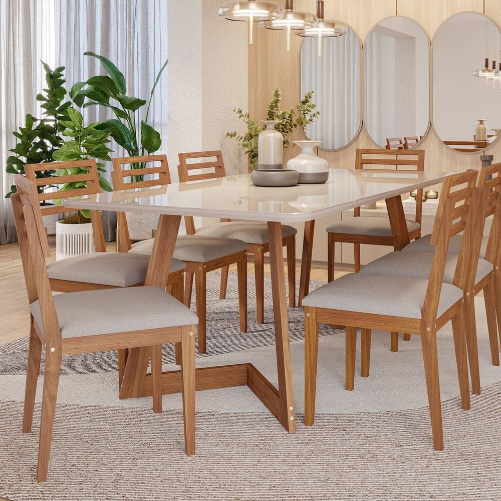 Conjunto Sala de Jantar Caju 210cm com Vidro e 8 Cadeiras Juparanã Off White/ Cinza