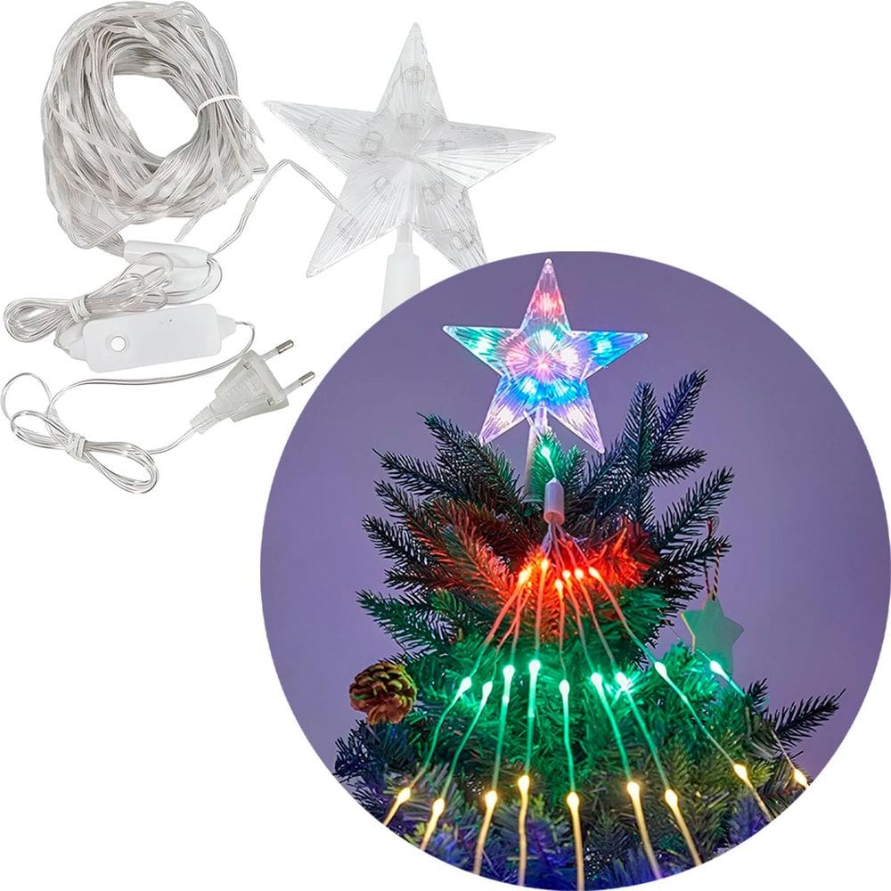 Pisca Luzes LEDs Colorido Ponteira Estrela Árvore De Natal