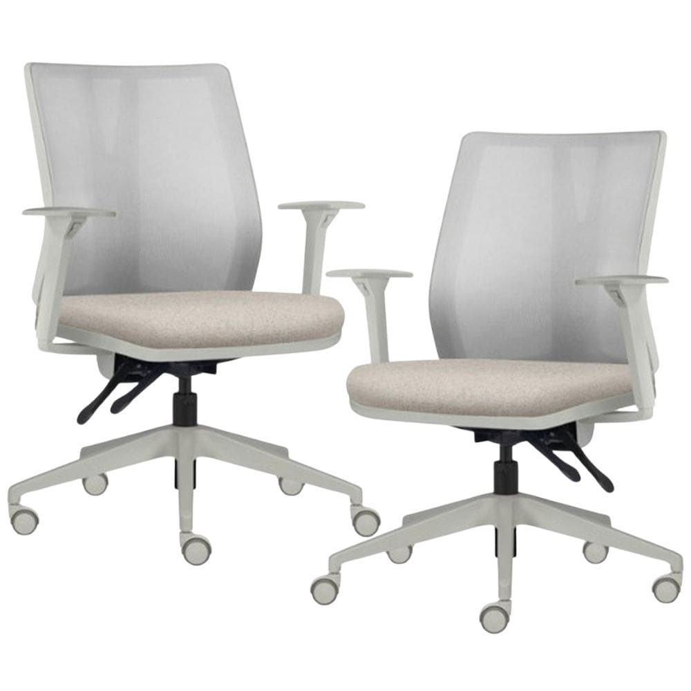 Kit 2 Cadeiras de Escritório Giratória Diretor Flow F02 Base Cinza Linho Bege Claro - Lyam Decor