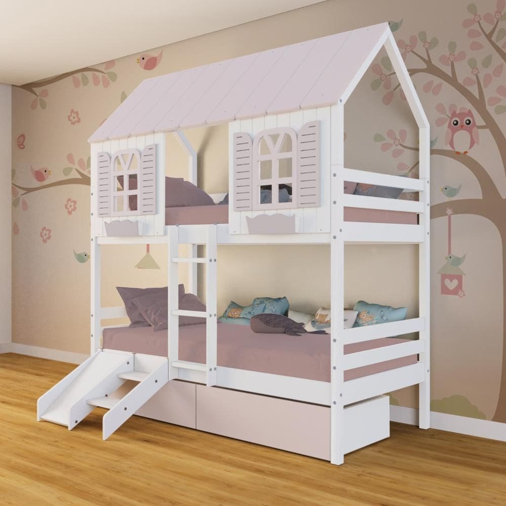 Beliche Casinha Bela com 2 Gavetas Rosa Kit Escada/Escorregador - Madeira Maciça Branco/Rosa | Megamobilia
