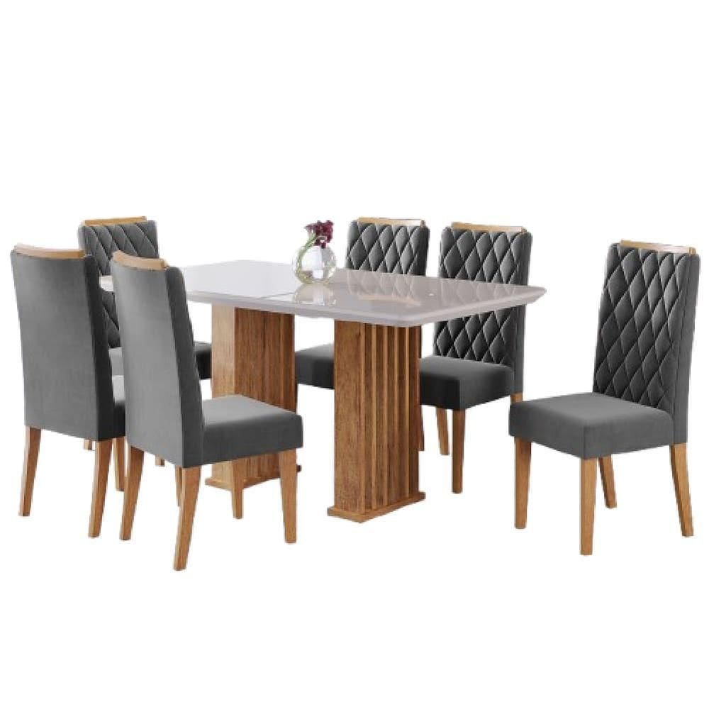 Conjunto De Mesa Sala De Jantar Ripada Tampo Com Vidro Mond 1,60m 6 Cadeiras Bele Off White Cinza