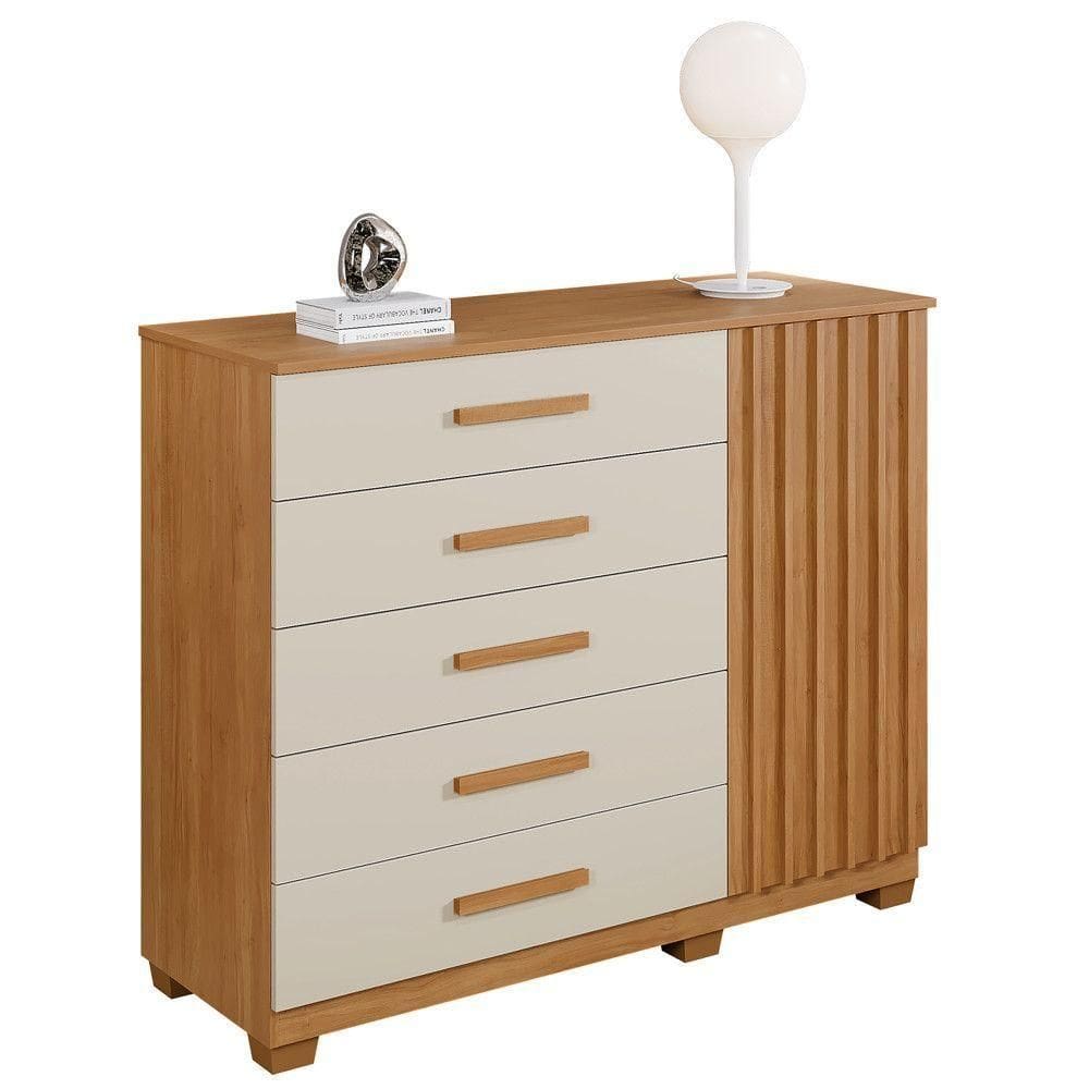 Cômoda Paris 5 Gavetas 1 Porta Ripada 2 Prateleiras Cinamomo Off