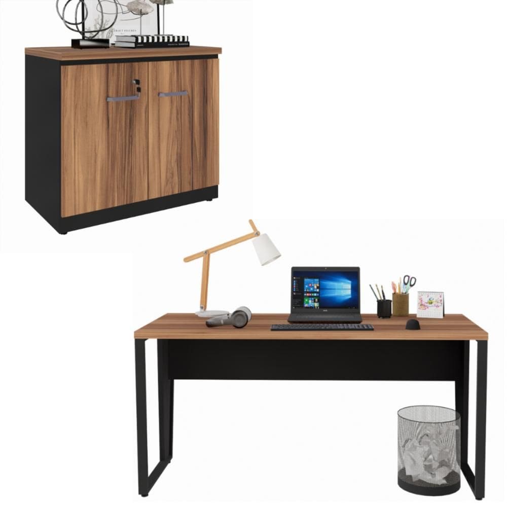 Conjunto Escritório Office Escrivaninha e Armário Baixo 2 Portas com Chave Cor Marrom/Preto - Yaris