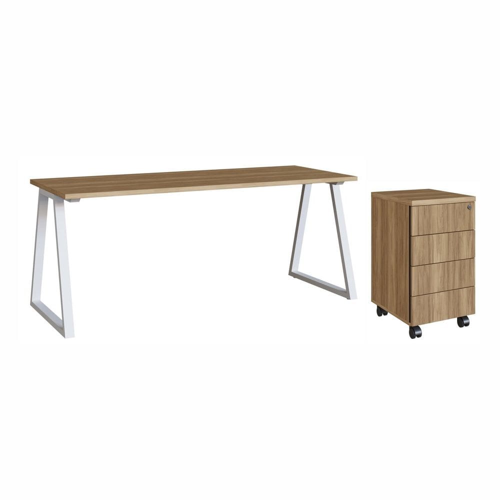 Mesa Escrivaninha 160cm com Gaveteiro 4 Gavetas Concept Home Office Concept Nogal Sevilha/Branco