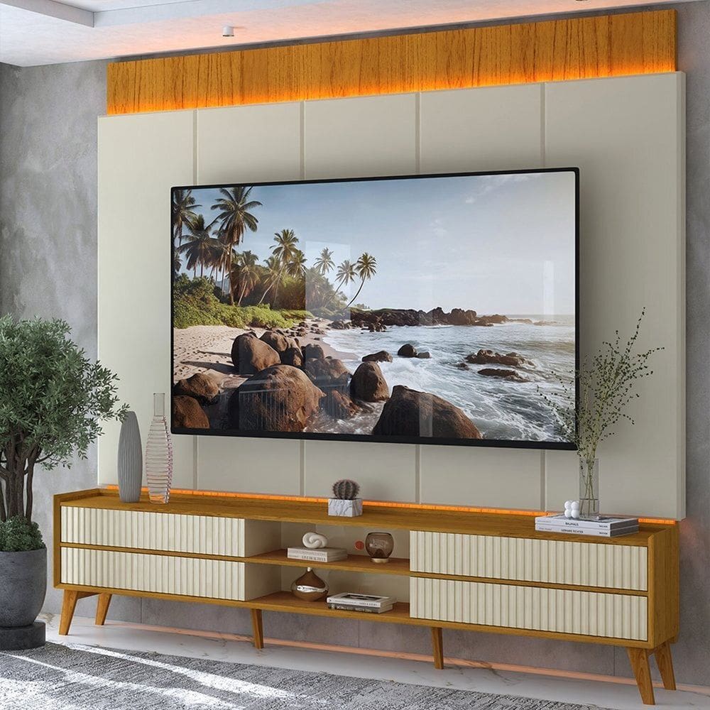 Rack com Painel para Tv 84 Polegadas com Led com Pés 100% Mdf 218cm Magnífico Naturale/Off White