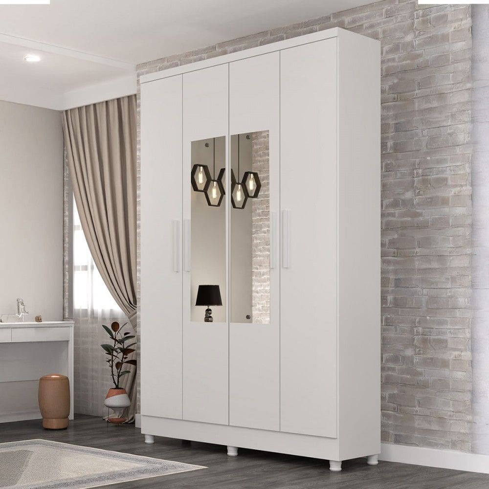 Guarda-Roupa Solteiro Brighton 4 Portas 2 Gavetas com Espelho Neve - Pnr Móveis
