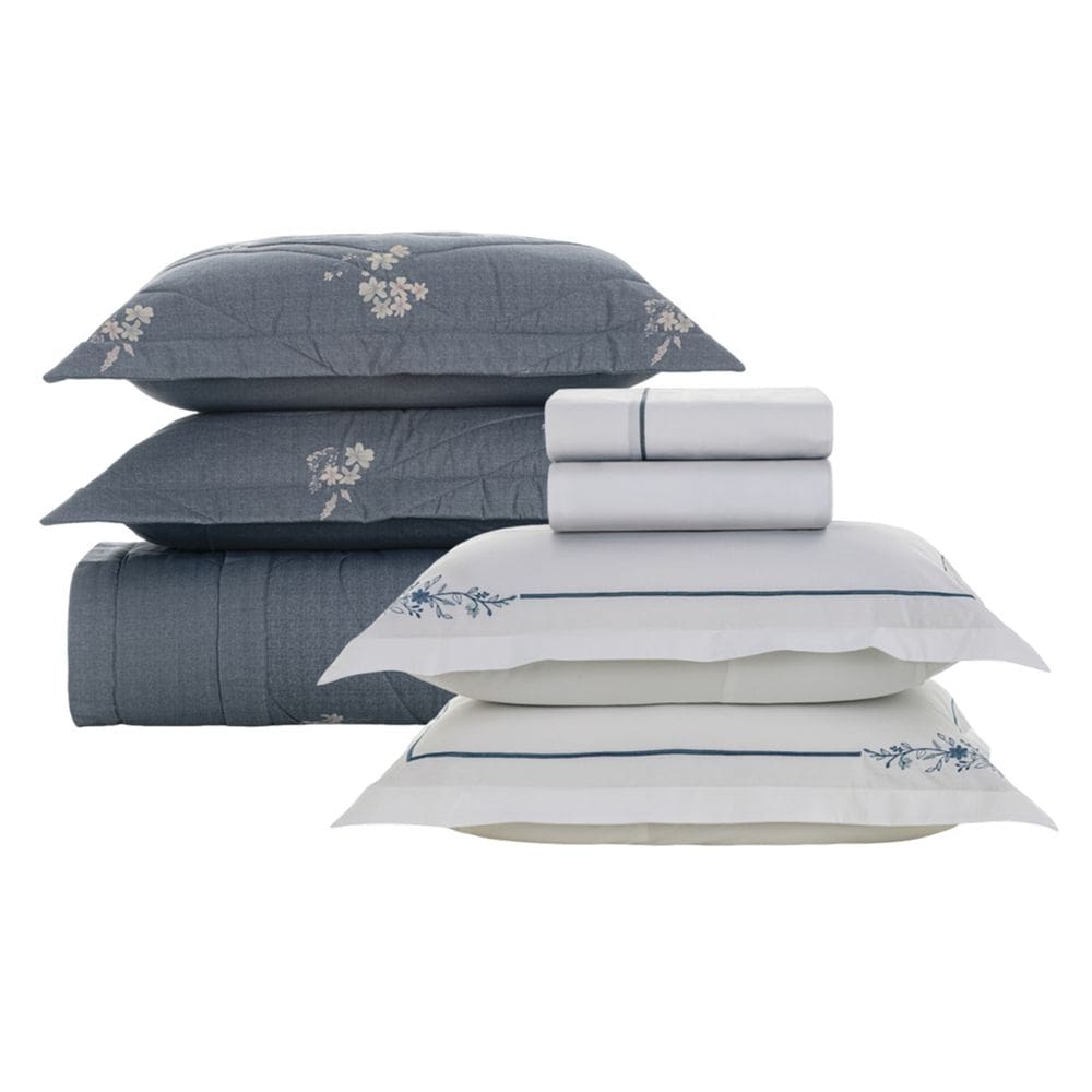 Conjunto de Cama Queen Helen Karsten 7 Peças Colcha e Lençol 100% Algodão 200 Fios