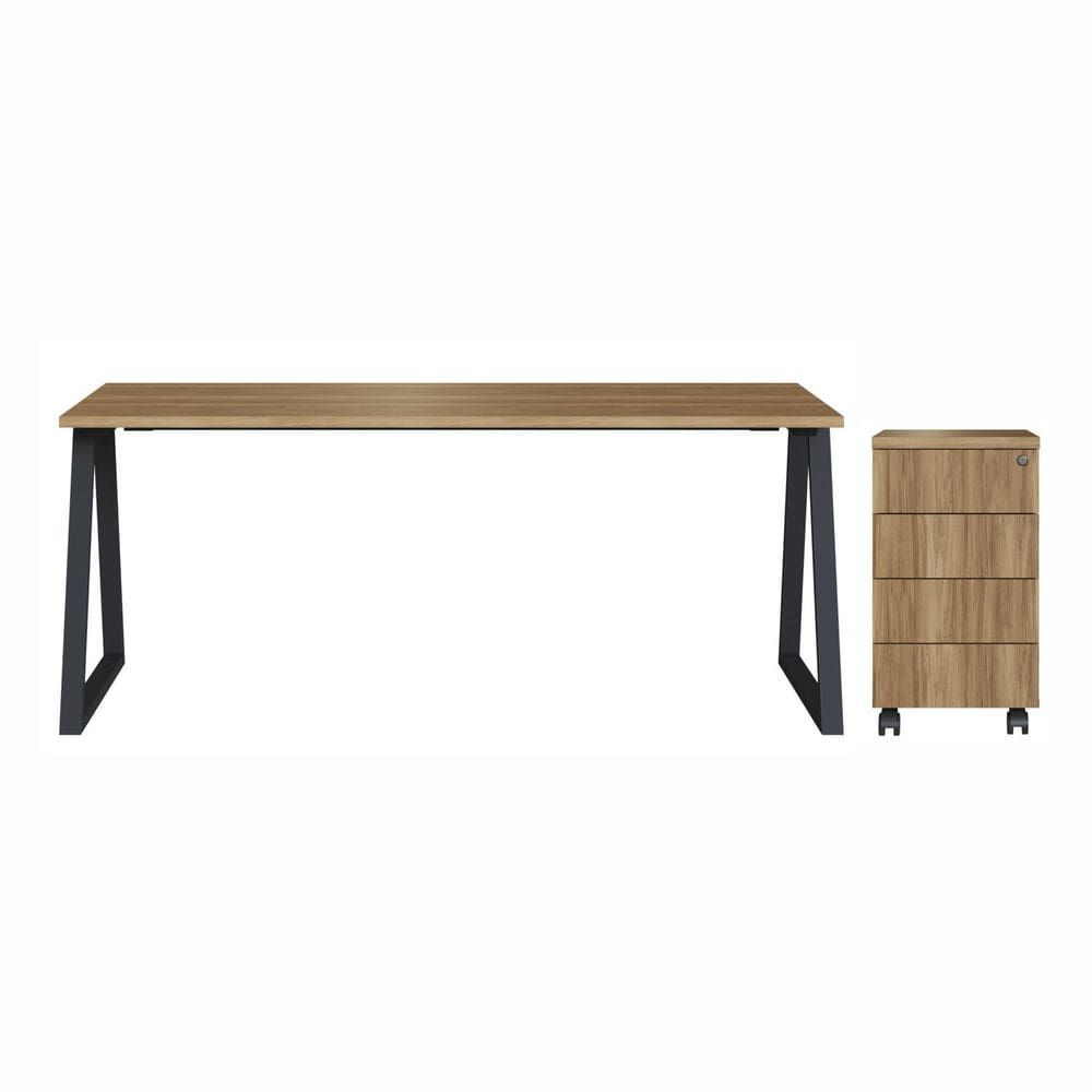 Mesa Escrivaninha 160cm com Gaveteiro 4 Gavetas Home Office Concept Nogal Sevilha/Preto