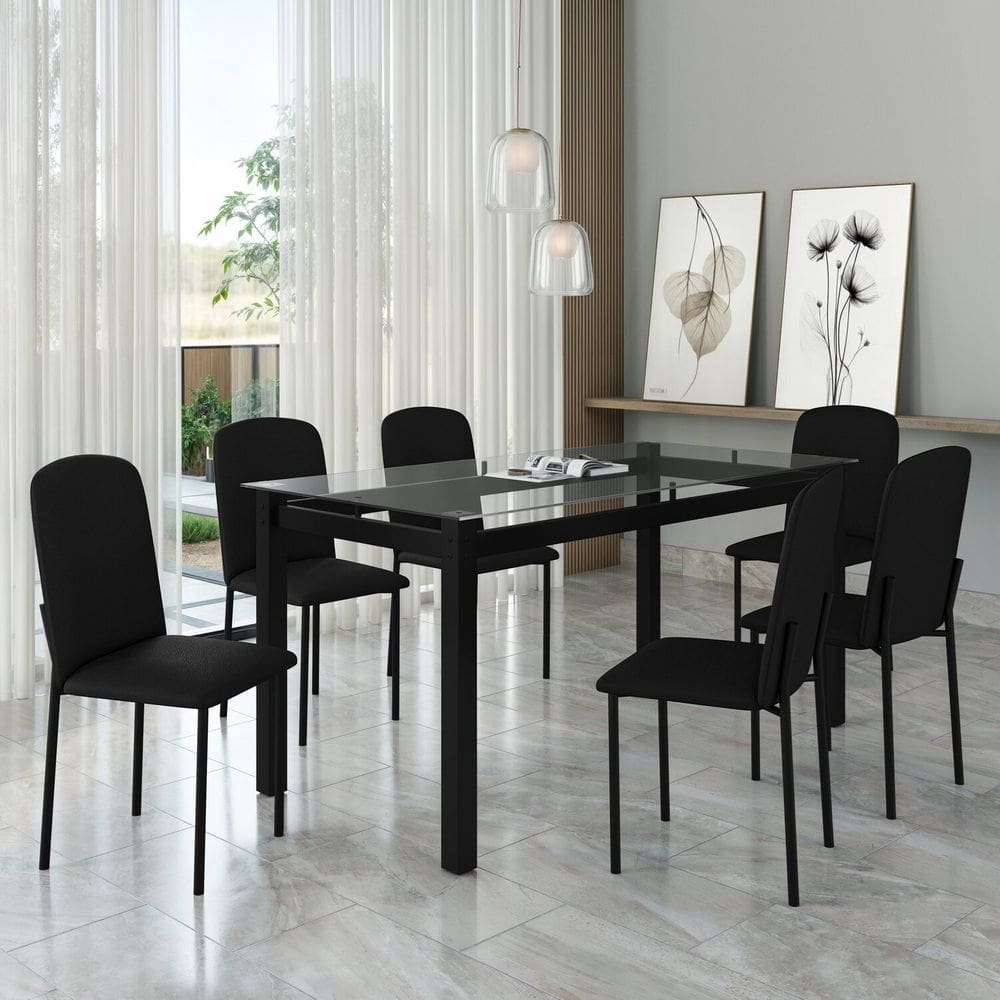 Mesa Tokio 160cm X 76,5cm Tampo de Vidro com 6 Cadeiras Classic Preto