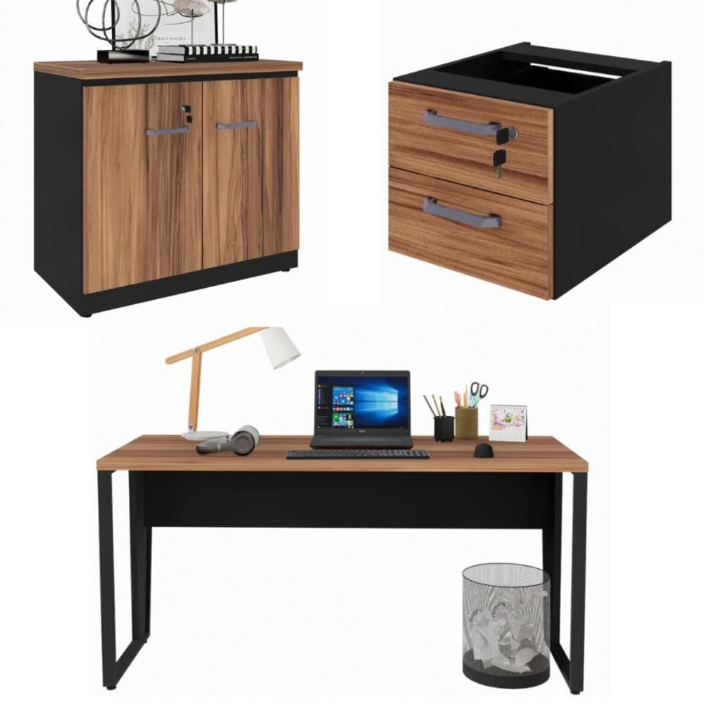 Conjunto Escritório Office Escrivaninha Armário Baixo e Gaveteiro com Chave Cor Marrom/Preto - Yaris