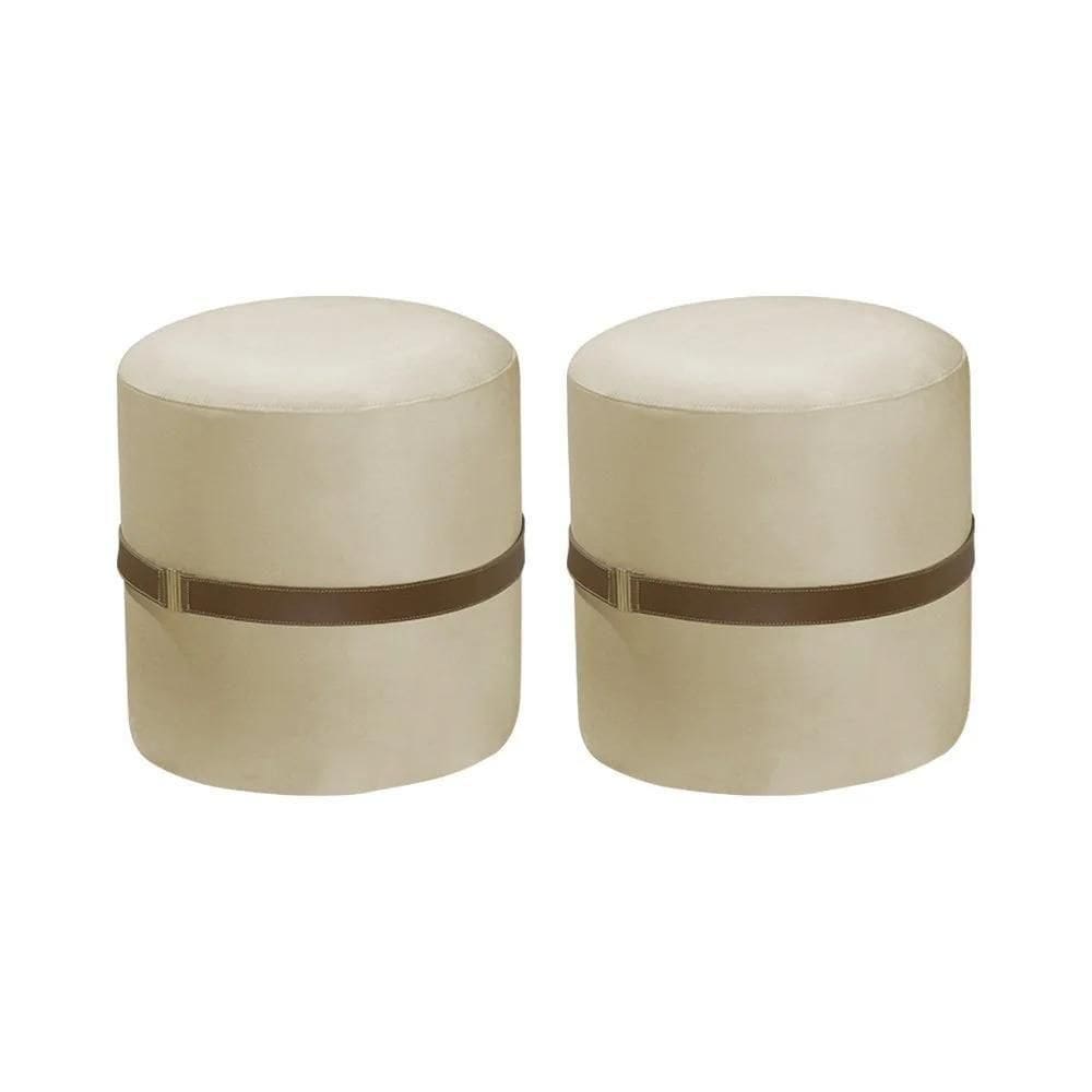 Kit 2 Puffs Decorativos Redondo Old Com Cinto Estofado Veludo Bege