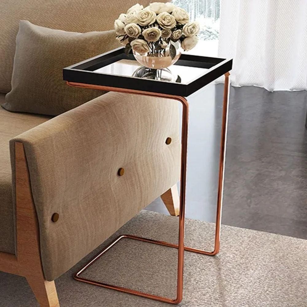 Mesa De Apoio Para Sofa Bandeja Espelhada Laca Preta Base Bronze Preto