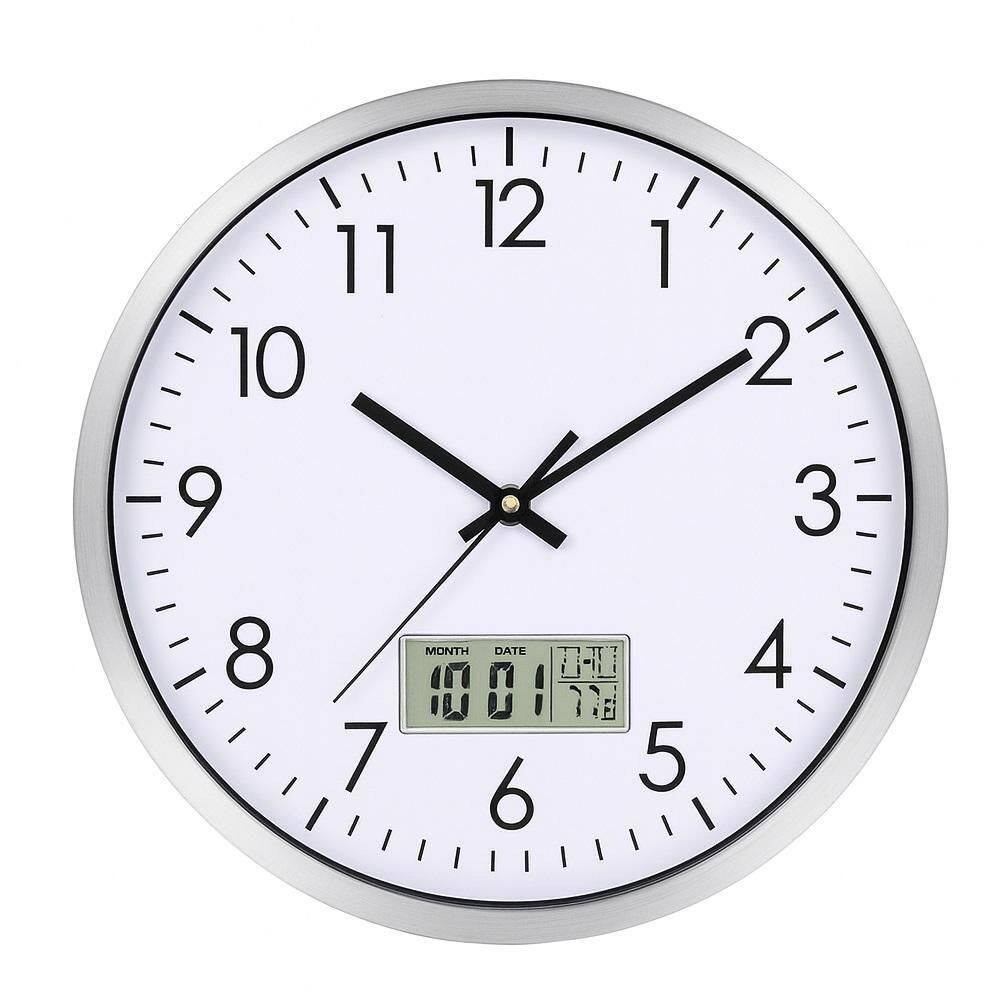 Relogio Parede Luxo Com Display Digital Temperatura Calendario Para Escritorio Sala Consultorio Despertador Prata