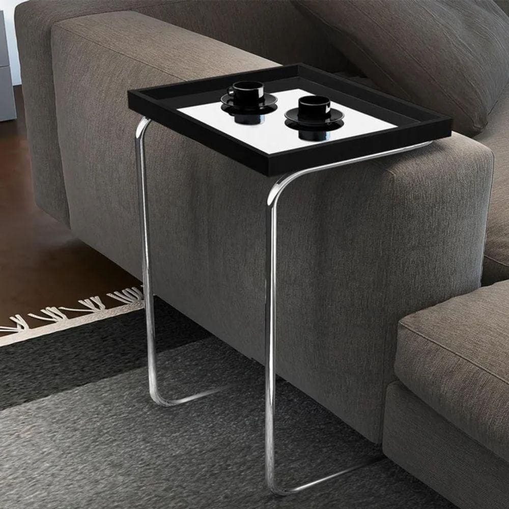 Mesa De Apoio P- Sofá Bandeja Espelhada Laca Preta Base Cromada Preto