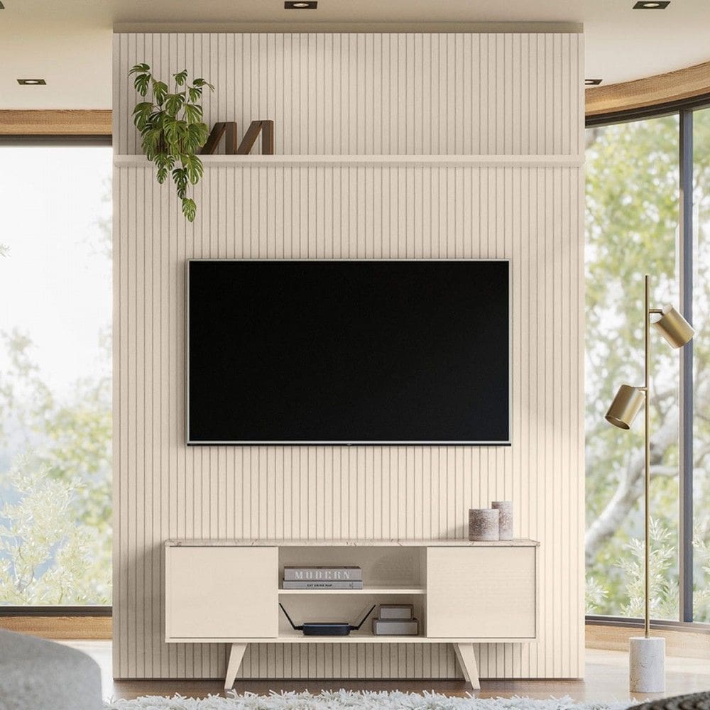Rack com Painel para TV Até 65 Polegadas New Panorama 2 Portas 2 Prateleiras Calacata/Off White - Madetec