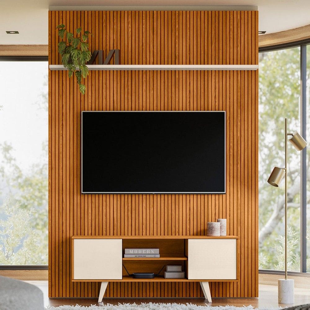 Rack com Painel para TV Até 65 Polegadas New Panorama 2 Portas 2 Prateleiras Cinamomo/Off White - Madetec