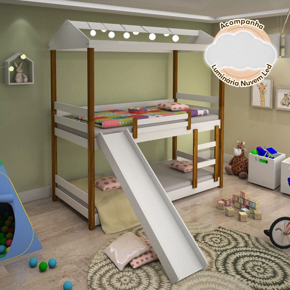 Beliche Infantil Solteiro Manuela com Escorregador e Led Branco e néctar das flores - Acompanha Luminária Nuvem