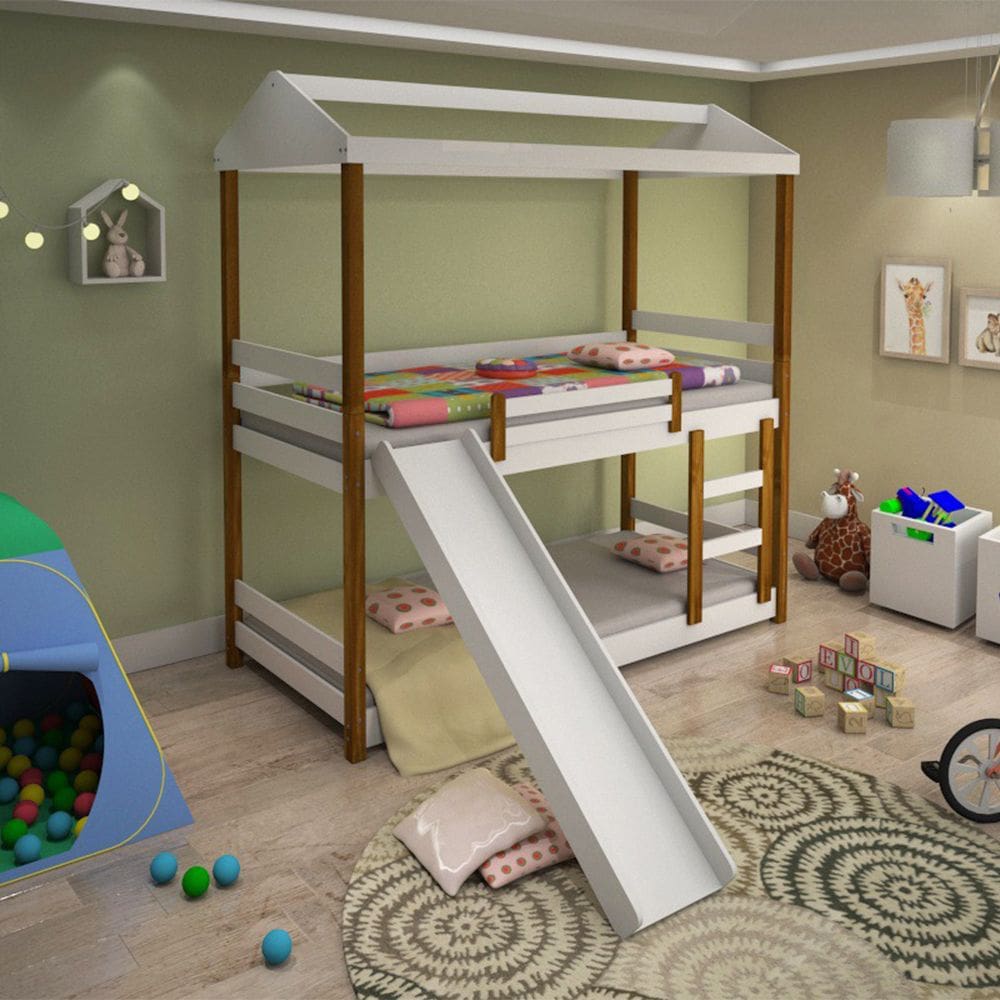 Beliche Infantil Solteiro Manuela com Escorregador Branco e néctar das flores