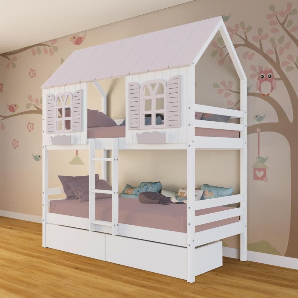 Beliche Casinha Bela com 2 Gavetas - Madeira Maciça Branco/Rosa | Megamobilia