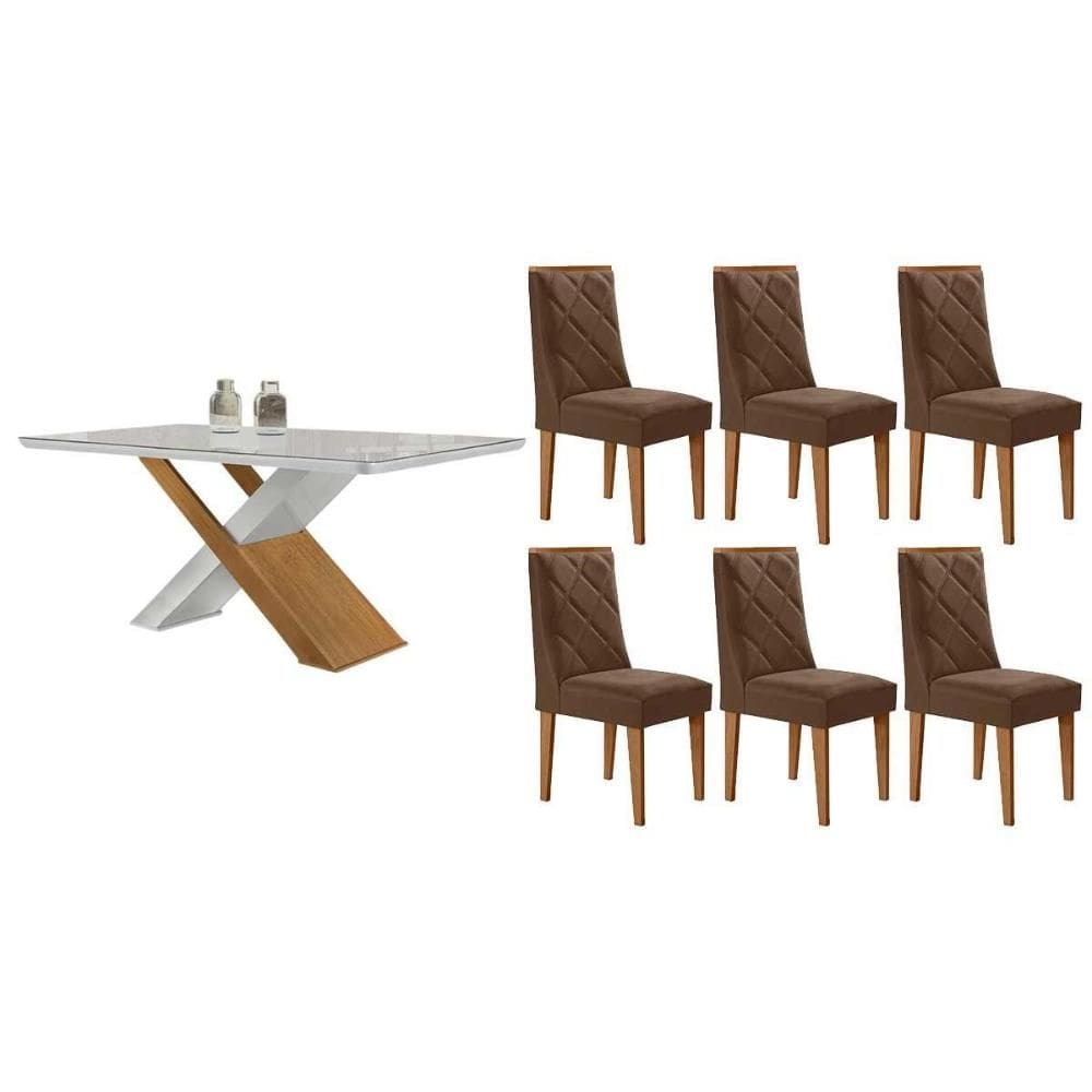 Sala de Jantar Completa Imperatriz c/ Tampo Madeirado c/ Vidro Canto Curvo 180X90cm e 6 Cadeiras Pietá Naturale/Off White - Suede Marrom - Rufato
