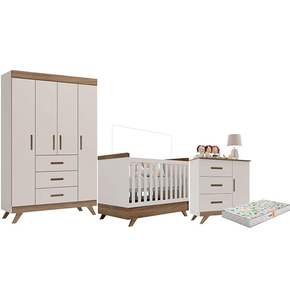 Quarto de Bebê Retrô Maya com Berço Americano Vitória Off White Carvalho com Colchão Gazin – Carolina
