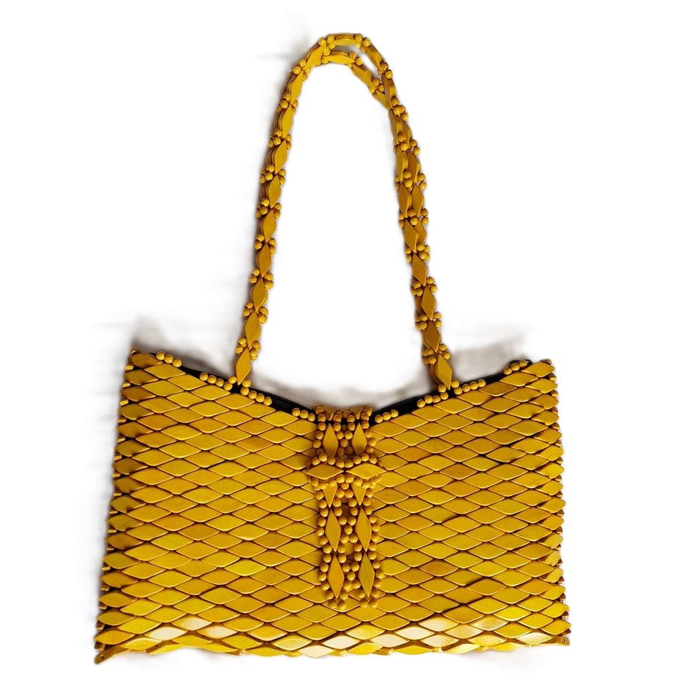 Bolsa Madeira Retangular Corte V Amarela com Fecho 32cm