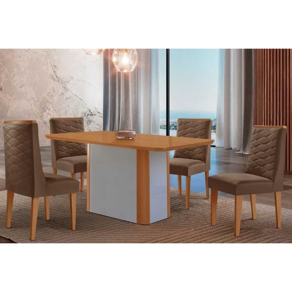Sala de Jantar Completa Pietá c/ Tampo Madeirado Canto Curvo 120x80cm e 4 Cadeiras Dafne Naturale/Off White - Suede Marrom - Rufato