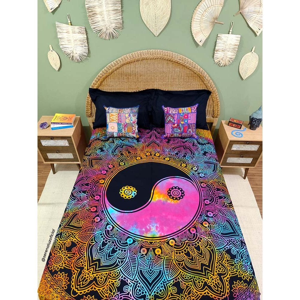 Colcha Indiana Casal Mandala Yin Yang Cobre Leito Painel