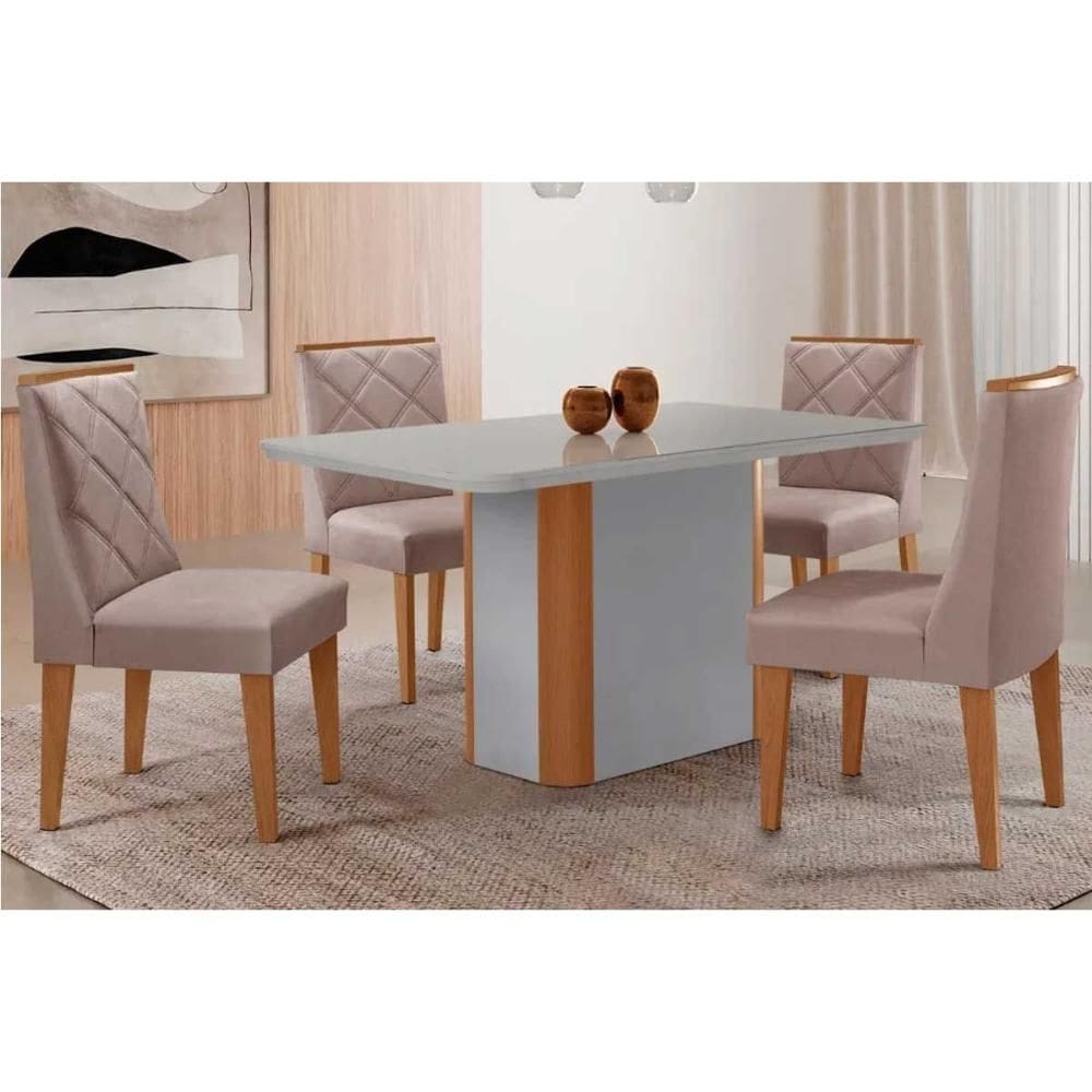 Conjunto Sala de Jantar Pietá c/ Tampo Madeirado c/ Vidro Canto Curvo 120x80cm e 4 Cadeiras Pietá Madeira Maciça Naturale/Off White - Capuccino/Linho