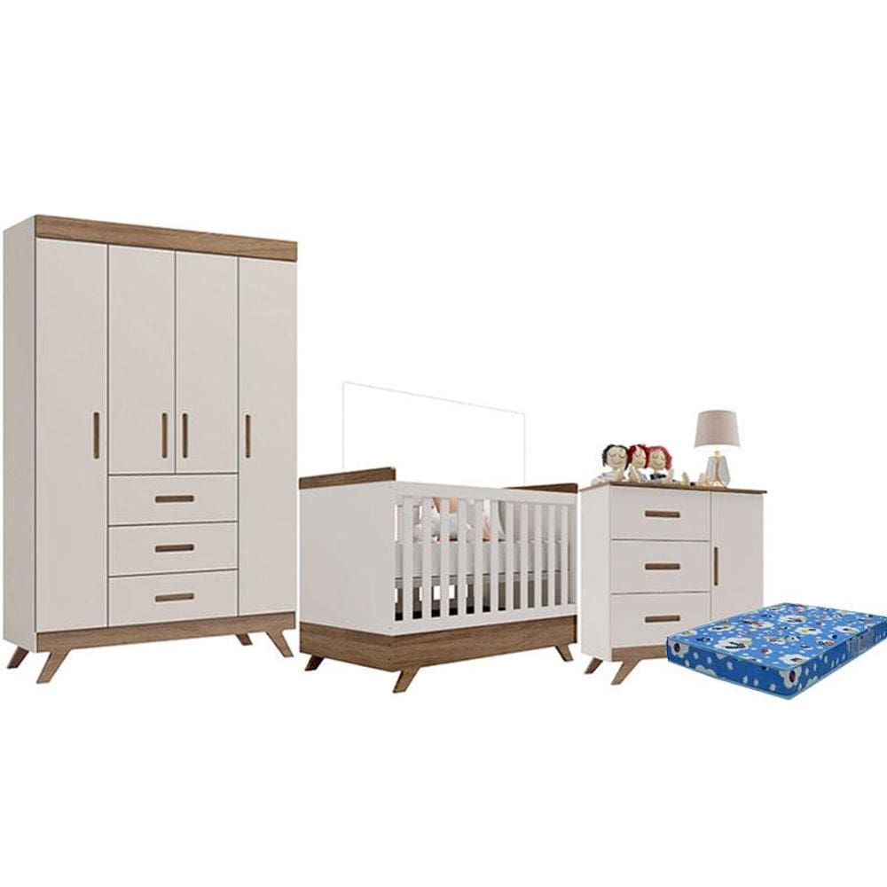 Quarto de Bebê Retrô Maya com Berço Americano Vitória Off White Carvalho com Colchão Ortobom – Carolina