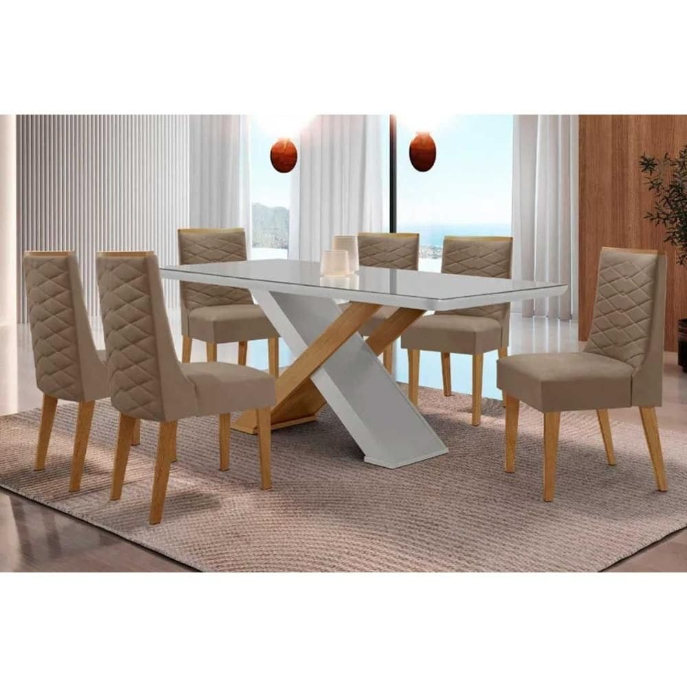 Sala de Jantar Completa Imperatriz c/ Tampo Madeirado c/ Vidro Canto Curvo 180X90cm e 6 Cadeiras Dafne Naturale/Off White - Suede Capuccino - Rufato