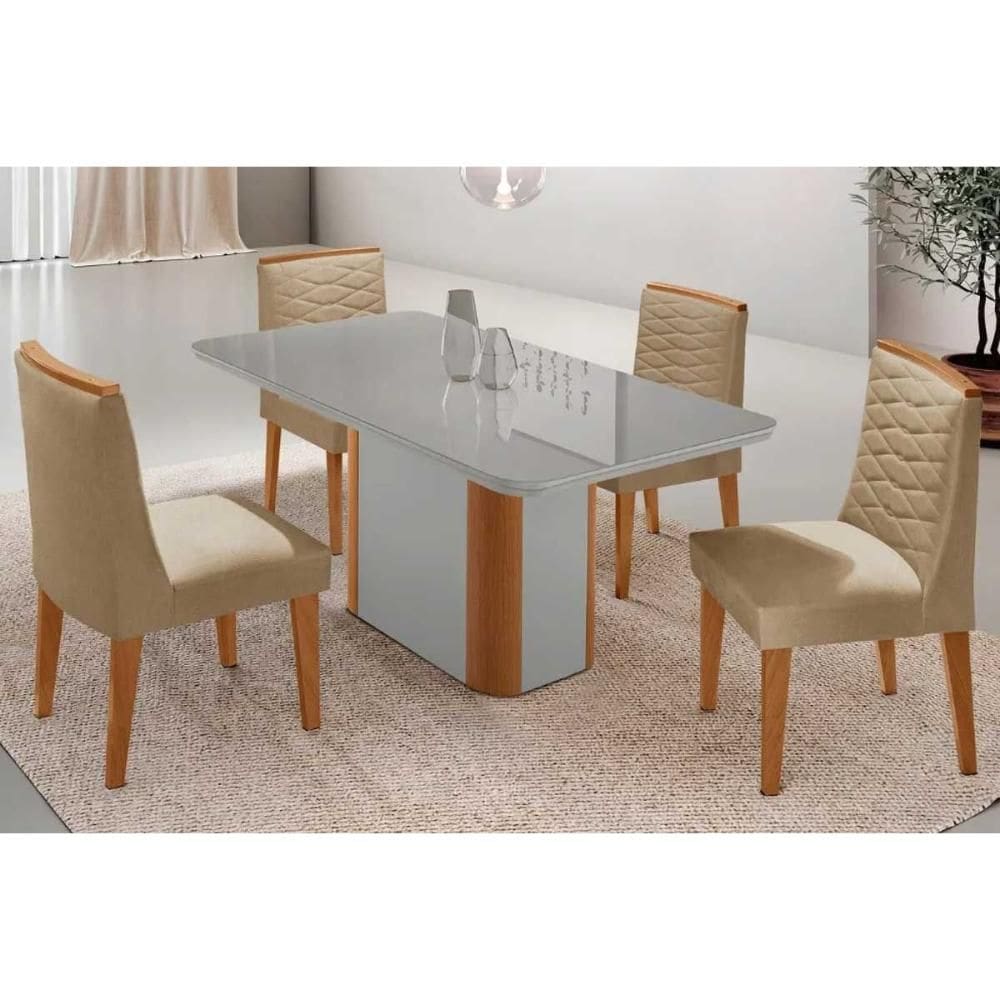 Conjunto Sala de Jantar Pietá c/ Tampo Madeirado c/ Vidro Canto Curvo 120x80cm e 4 Cadeiras Maldivas Madeira Maciça Naturale/Off White - Capuccino/Lin