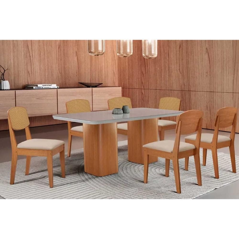 Conjunto Sala de Jantar Maldivas c/ Tampo Madeirado c/ Vidro Canto Curvo 180x90cm e 6 Cadeiras Havana Premium Naturale/Off White - Suede Creme-Rufato