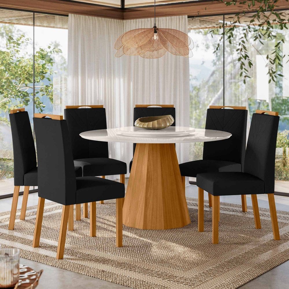 Conjunto Sala de Jantar Mesa Isis 1,35m com Tampo Giratório e 6 Cadeiras Anitta Ypê/Off White/Ja03 - New Ceval