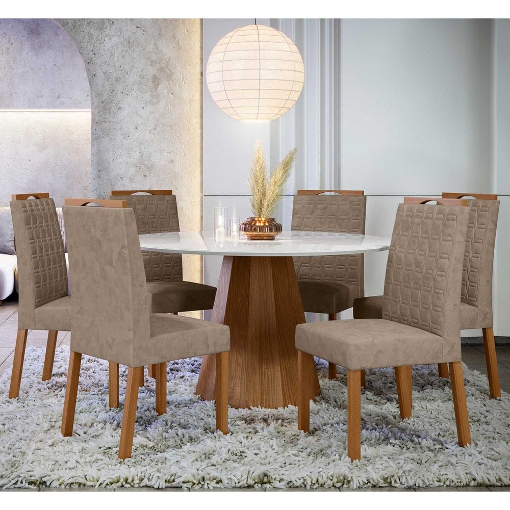 Conjunto Sala de Jantar Mesa Isis 1,35m com 6 Cadeiras Mariah Ypê/Off White/Lux - New Ceval
