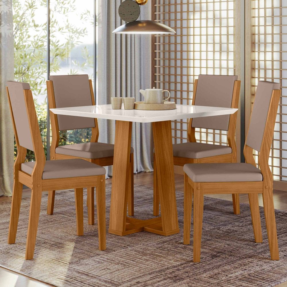 Conjunto Sala de Jantar Mesa Rubi 90cm com 4 Cadeiras Carol Ypê/Off White/Lux - New Ceval
